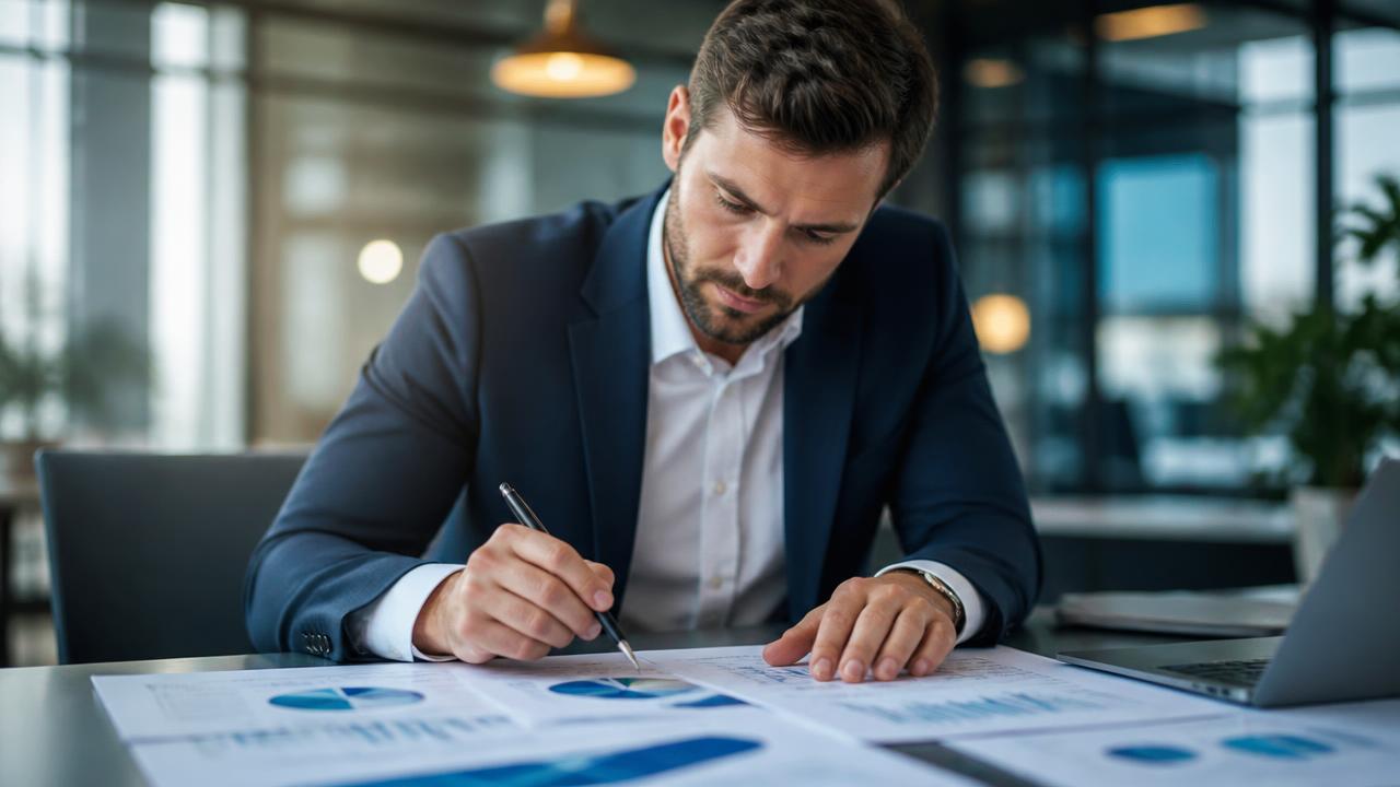 Consultant analysant des graphiques et documents de diagnostic