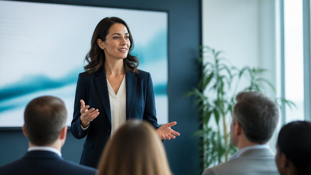 Formatrice présentant devant un petit groupe de participants en entreprise