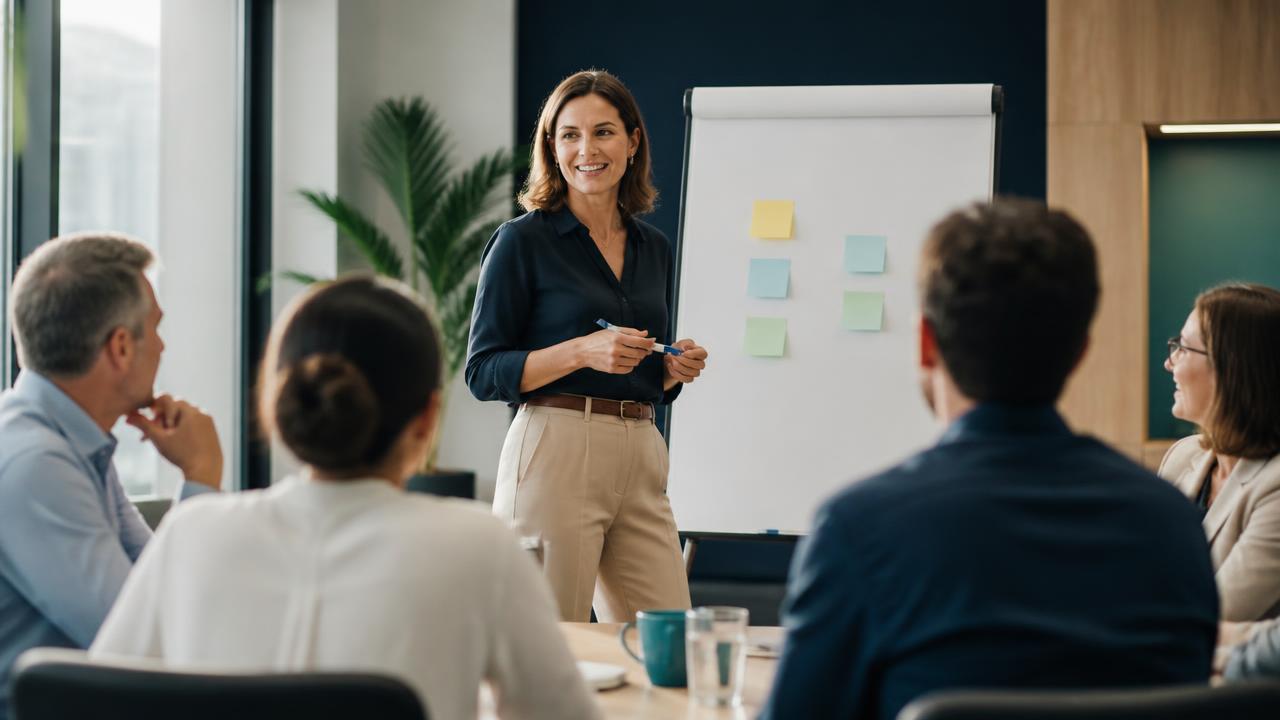 Formatrice animant un atelier devant un paperboard