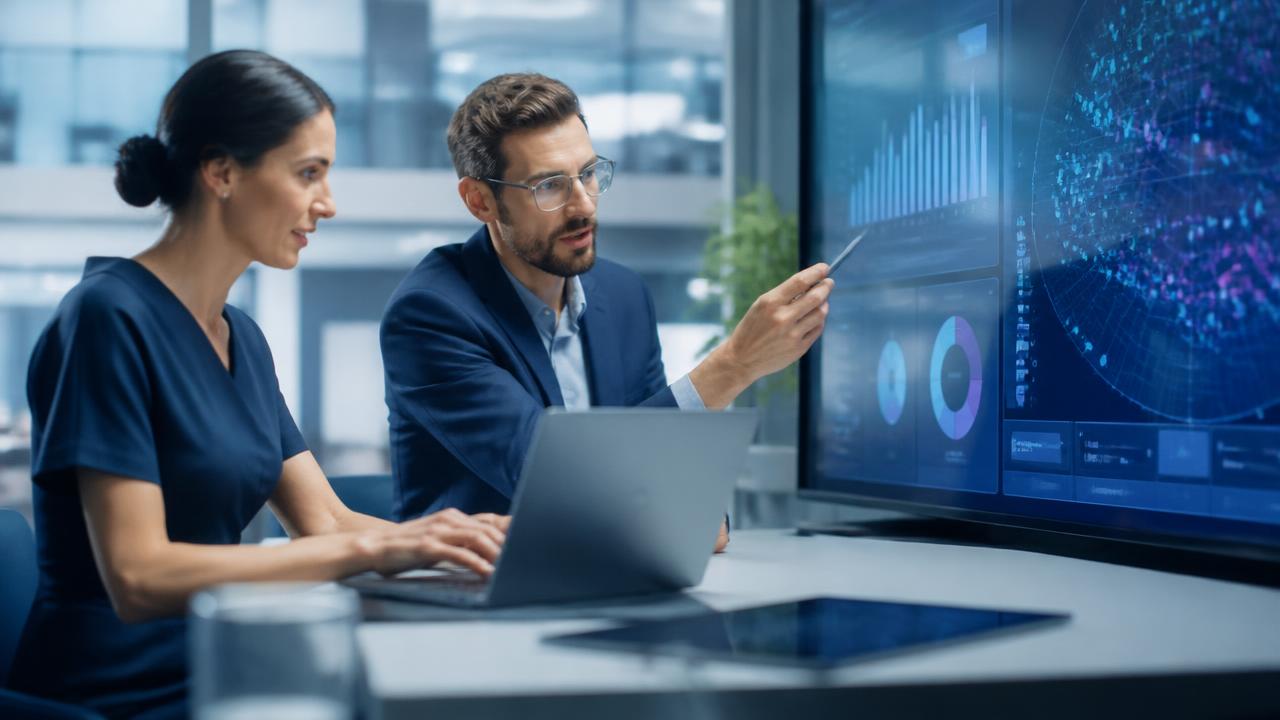 Deux collaborateurs travaillant sur un tableau numérique interactif